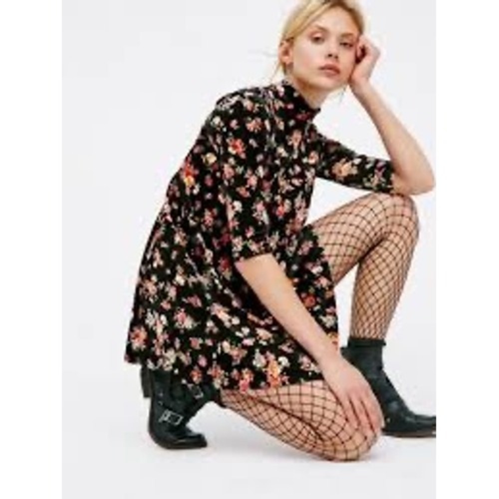 Free People Bouquet Babe Velvet Mini Dress Black Floral Mock Neck OB588367 M